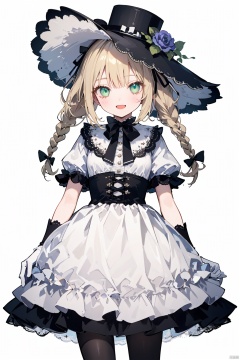 1girl, solo, long hair, looking at viewer, smile, open mouth, blonde hair, simple background, gloves, hat, white background, dress, green eyes, braid, flower, :d, pantyhose, striped, white gloves, twin braids, watermark, lolita fashion, top hat, hat flower