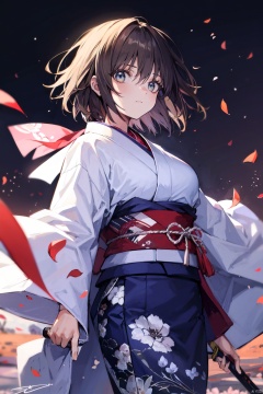 1girl, bangs, brown_eyes, brown_hair, floral_print, holding, holding_sword, holding_weapon, japanese_clothes, katana, kimono, long_sleeves, looking_at_viewer, obi, parted_lips, petals, ryougi_shiki, sash, short_hair, signature, solo, sword, weapon, white_kimono, wide_sleeves, wind