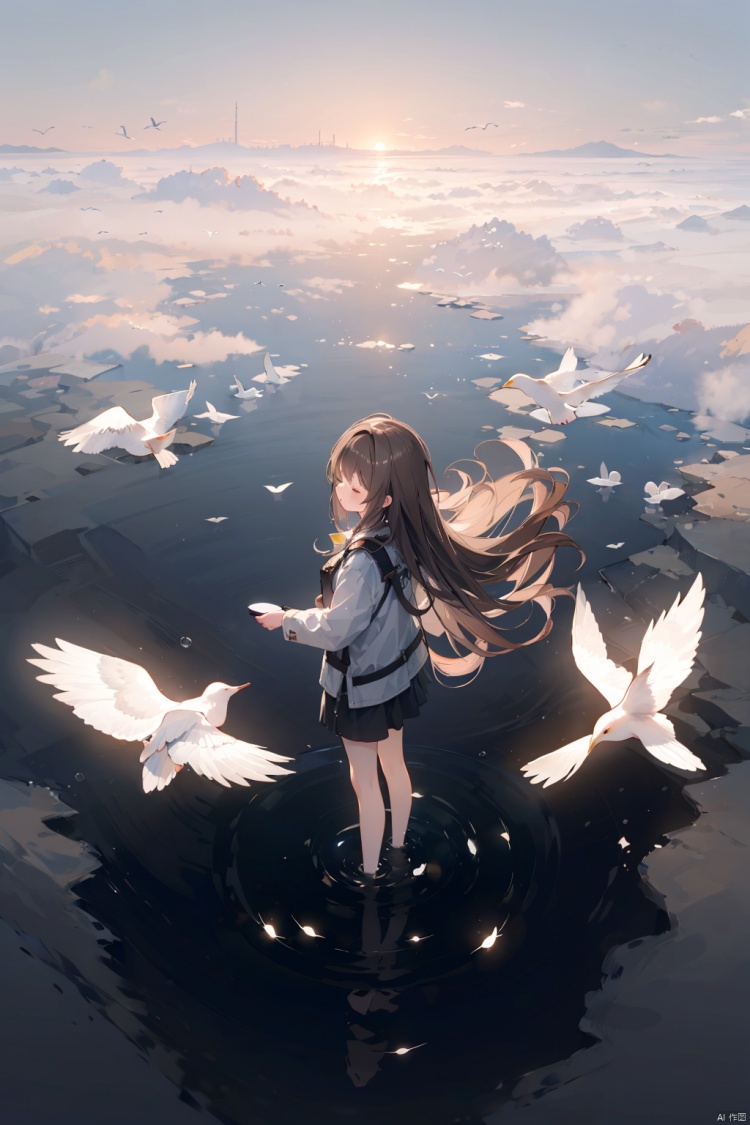 1girl, brown hair, long hair, closed eyes, (above ground), (water surface, reflection, surrounded by white birds), ((from above)), blurry, (full body, wide shot, panorama), (grey background), (shining, fog)