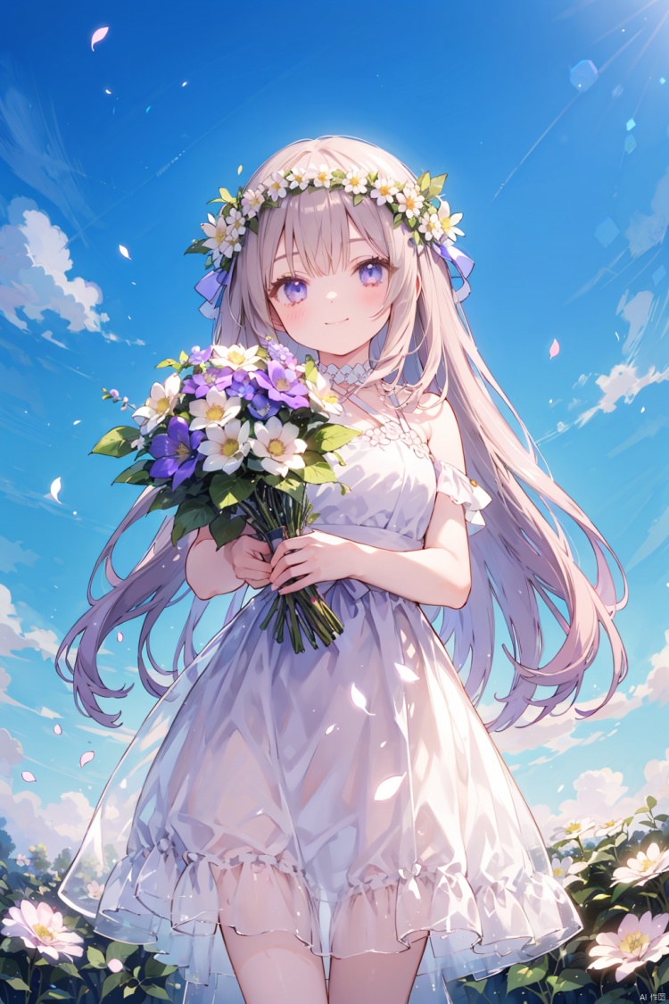 1girl, blue_flower, blue_sky, bouquet, breasts, brown_hair, closed_mouth, cloud, daisy, day, dress, field, flower, flower_field, grass, head_wreath, holding_bouquet, holding_flower, hydrangea, laurel_crown, lily_\(flower\), long_hair, looking_at_viewer, outdoors, petals, pink_flower, plant, purple_eyes, purple_flower, rose, sky, smile, solo, standing, sword, very_long_hair, white_dress, white_flower, white_rose, wreath
