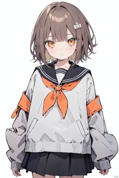 solo, 1girl, sleeves past wrists, school uniform, sleeves past fingers, skirt, simple background, bangs, hair ornament, serafuku, white background, short hair, parted lips, pleated skirt, long sleeves, muted color, neckerchief, brown hair, sailor collar, black skirt, blunt bangs, cowboy shot, orange eyes, black sailor collar, looking at viewer