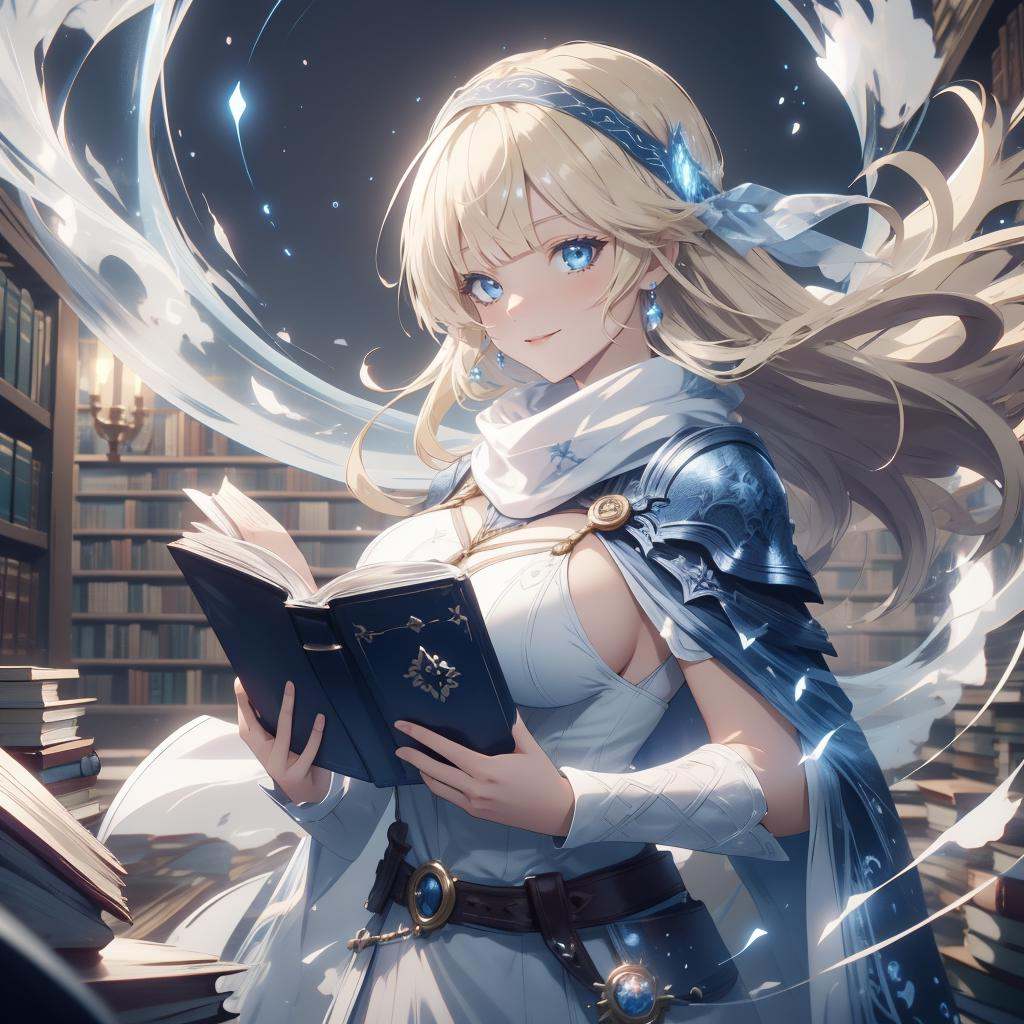 <lora:TempestMagic-21:0.8>,tempestmagic ,fantasy,ethereal transparent, motion blur, curvy, big breasts, blue eyes, blonde hair, long hair, blunt bangs, hair over one eye, headband, kind smile, earnest, cape, circlet, bohemian dress , scarf, belt, 1girl, holding a AcidMagic book, eerie dark magical library ,