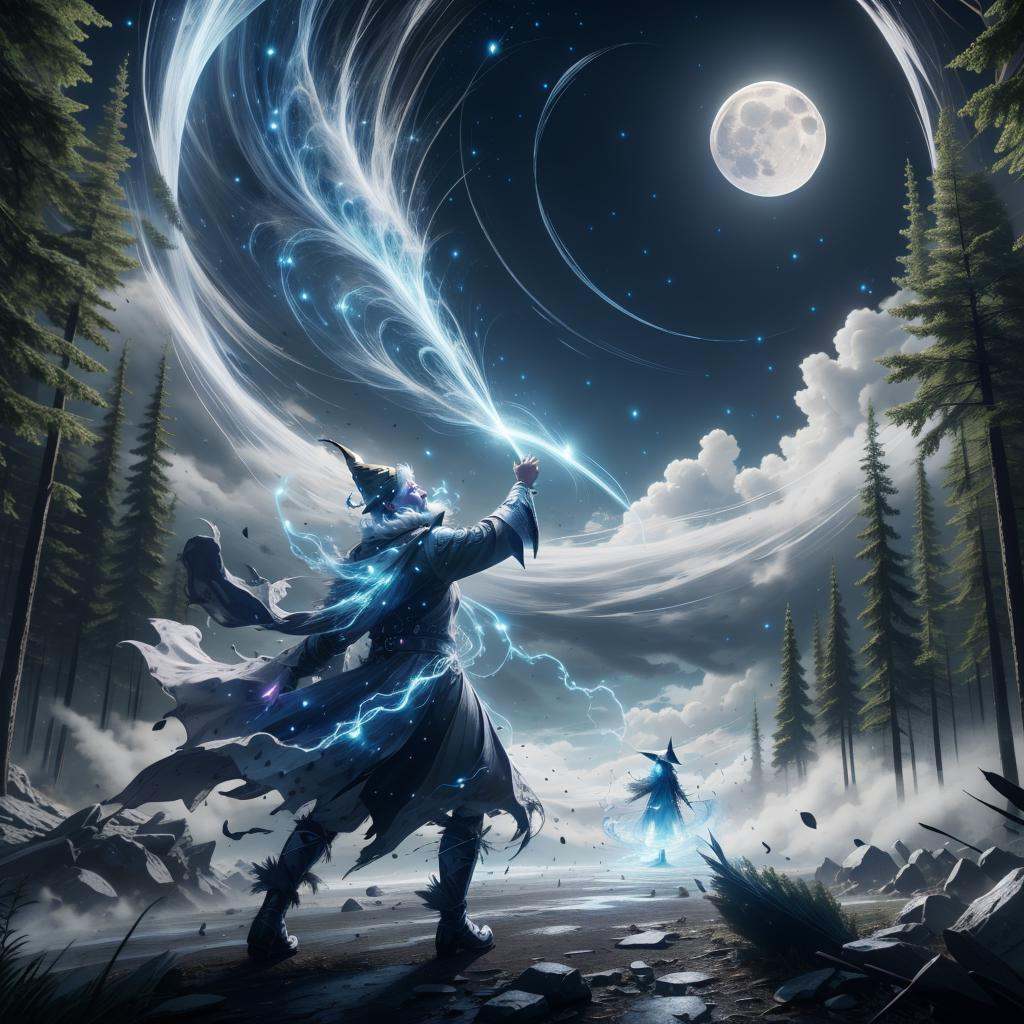 <lora:TempestMagic-21:0.8>,tempestmagic ,fantasy , excessive wind , debris, wizard casting a spell, at the forest , beard, glowing eyes,glowing eyes, wizard hat, night summer sky, full moon, 
