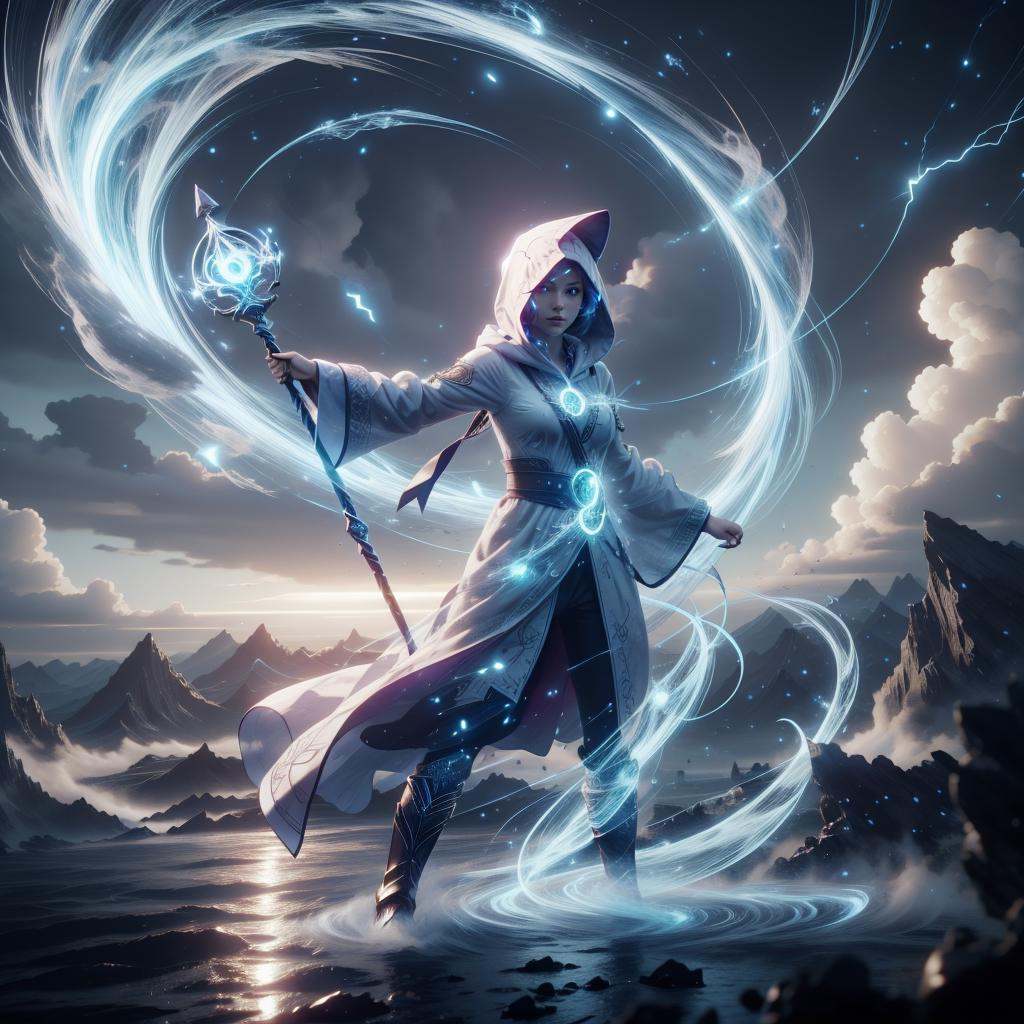 <lora:TempestMagic-21:0.8>,tempestmagic ,fantasy,wind storm, excessive energy , floating,  enchanted robe , holding staff, mage staff , hood up, glowing hair, 1girl,glowing eyes, long hair, 