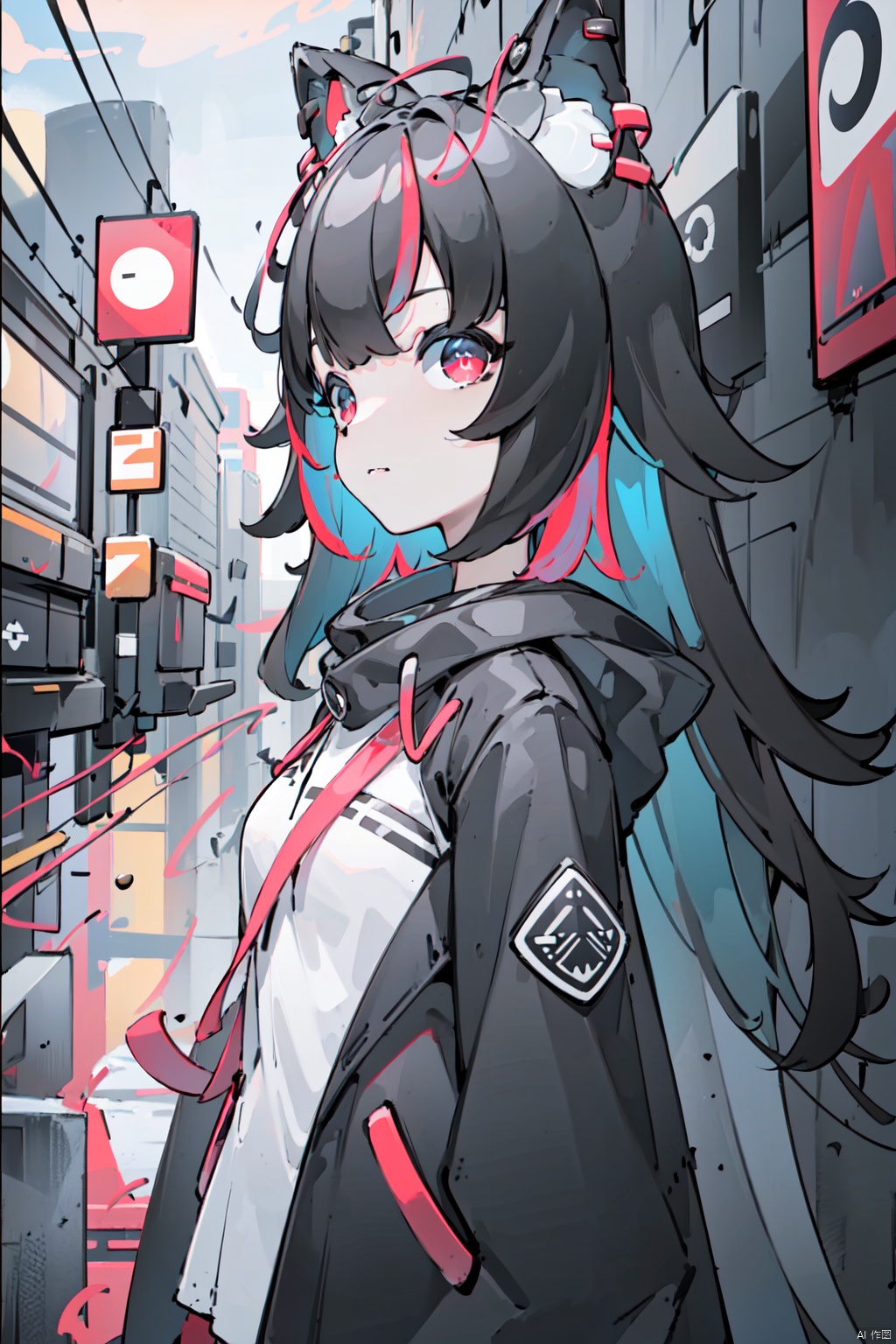  embellished costume, masterpiece,best quality,official art,extremely detailed CG unity 8k wallpaper,(alone,single,solo,only one,one character,1girl, solo,)1girl, solo,long hair, animal ears, black hair,  multicolored hair, red eyes, bangs, colored inner hair, cat ears,animal ear fluff,Neon lights, highways, zebra crossings, cloudy, rain, heavy rain, ray tracing, light signs, trash cans, newspapers on the ground, leaning against the wall,extremely detailed CG unity 8k wallpaper,illustration,lens 135mm,masterpiece, best quality,young girl,naughty face,aquagradient eyes,{{Bokeh}},depth of field,(upper body),cowboy shot,(baggy clothes:1.4),from side,{{Bokeh}},depth of field,Parted lips,looking at viewer,coat,pleated skirt,rubber boots,over-kneehighs,transparent raincoat,night,   