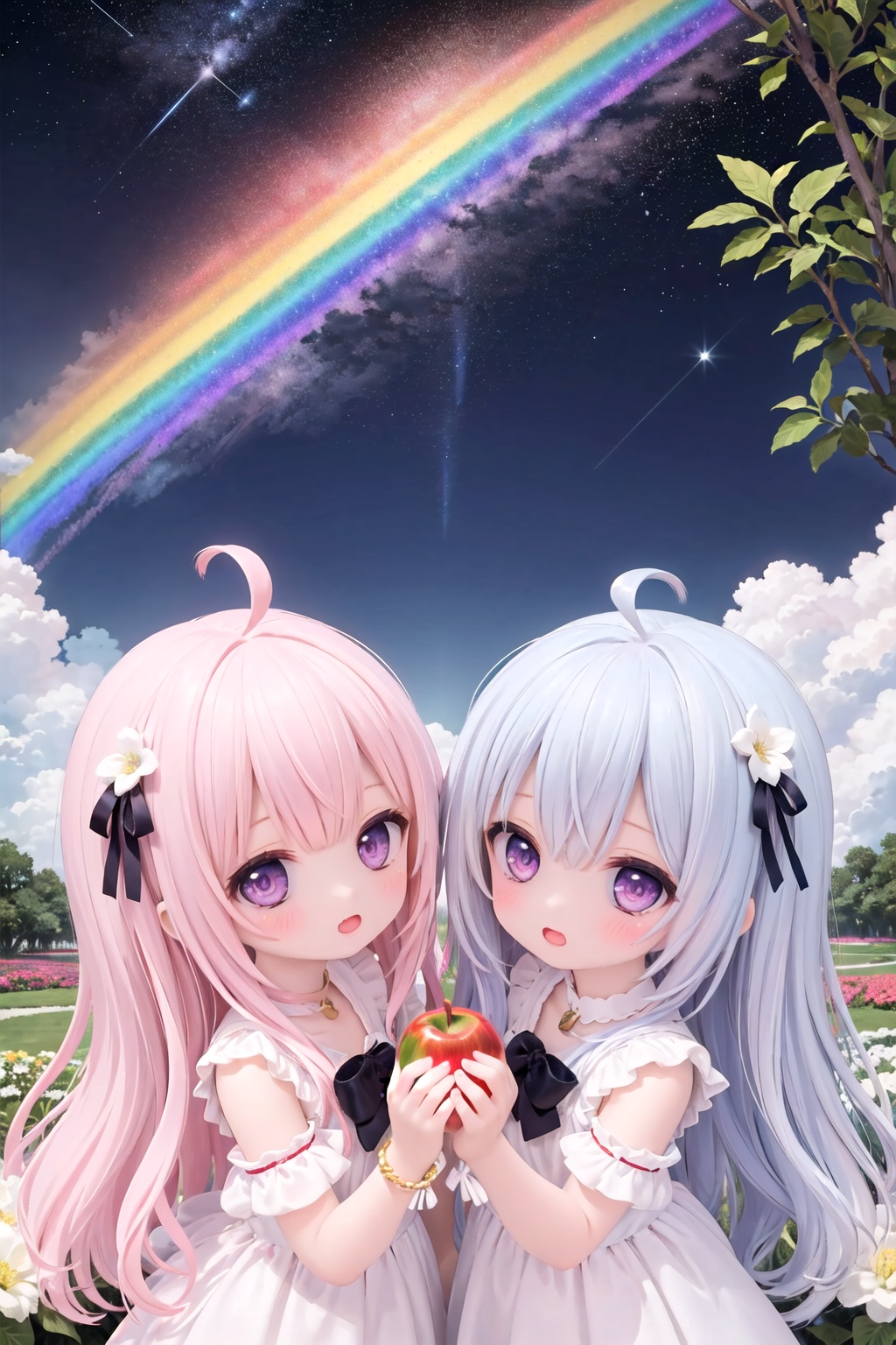 chibi emote, cupidtech, 4kcg wallpaper, ultra detailed, illustration, cinema light, under the shining tree above the clouds, (((2girls, symmetrical twins))), ahoge, detailed eyes, blush, open mouth, holding a golden apple, flower garden, rainbow, starry sky