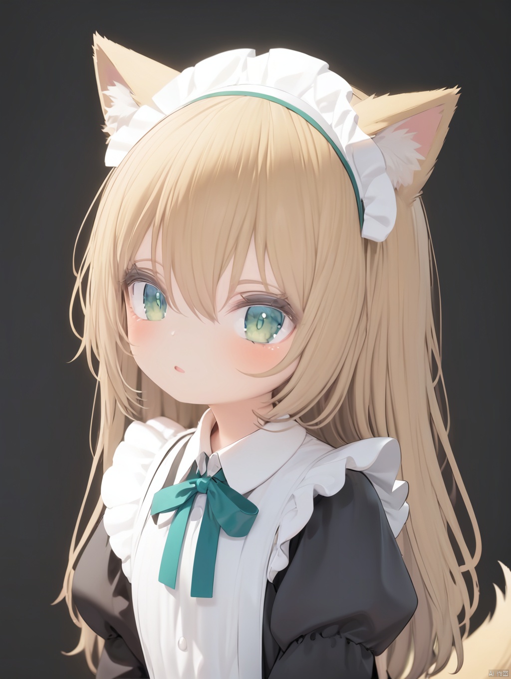  masterpiece,best quality,
(blonde hair),green eyes,loli,(kid, child:1),long hair,fox girl,fox tail,
maid,enmaided,
detailed eyes,
standing,
(((upper body))),
simple background,white background,