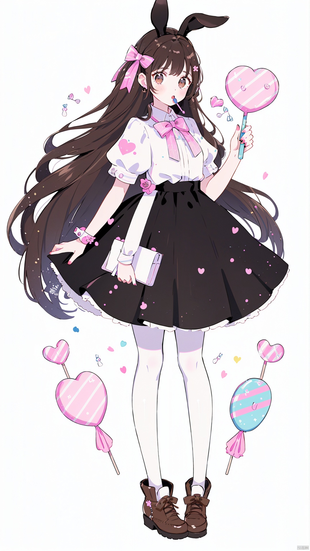 1girl, solo, puffy sleeves, skirt, puffy short sleeves, short sleeves, pantyhose, bow, shirt, long hair, hair bow, white shirt, full body, black pantyhose, brown hair, very long hair, holding, heart, white background, holding food, blush, food, brown footwear, black bow, bangs, rose, rabbit, looking at viewer, animal, shoes, lollipop, holding lollipop, black skirt, flower, candy, standing, holding candy, pleated skirt