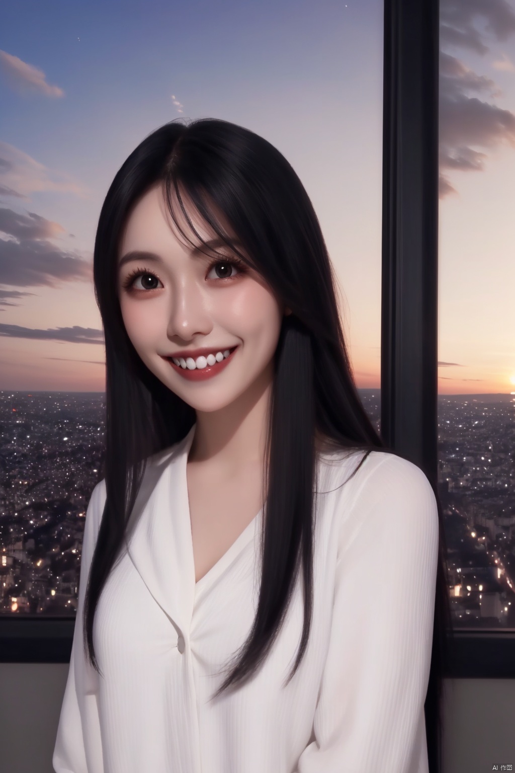 1girl solo solo long hair smile black hair sky teeth grin black eyes lips window sunset realistic,