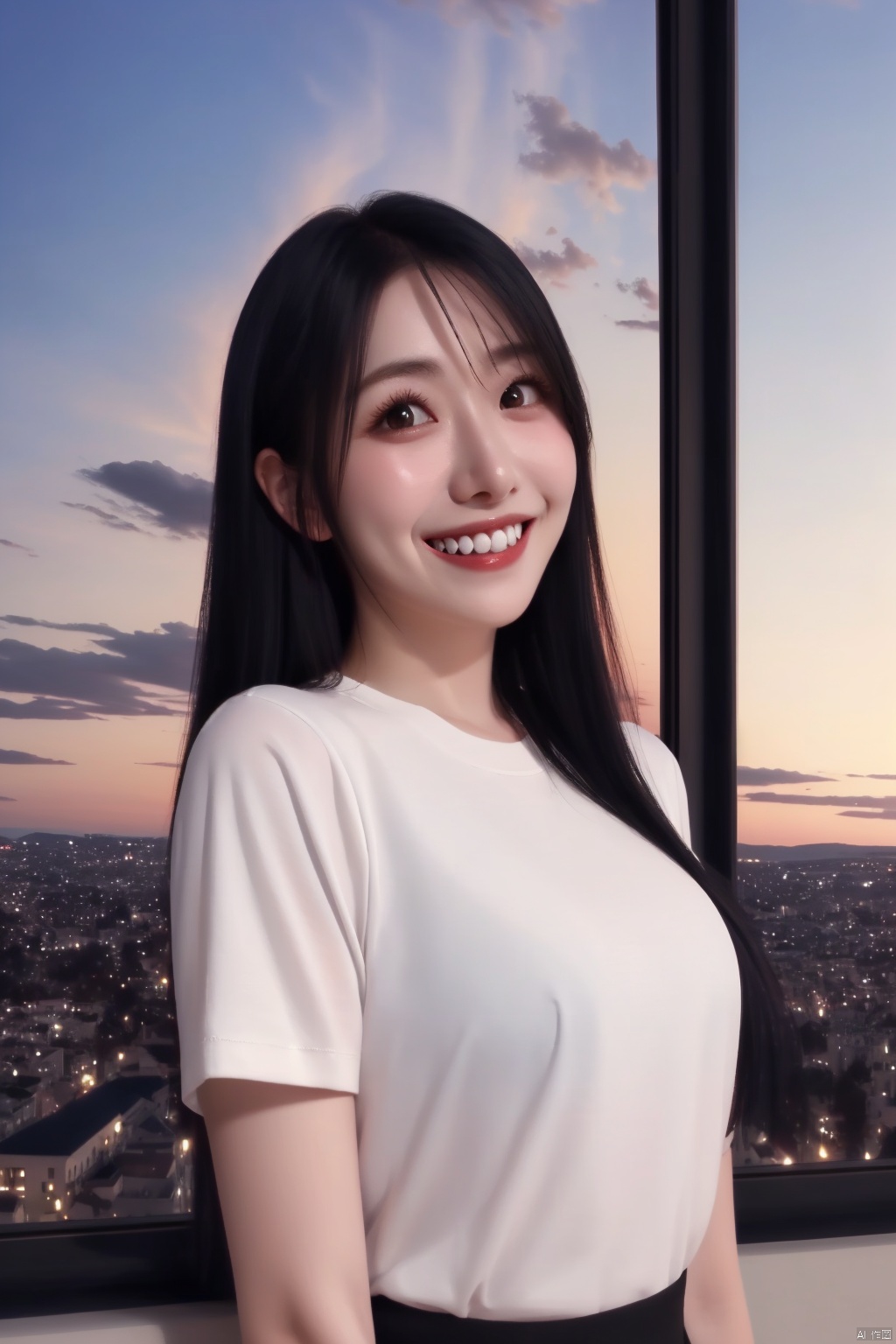 1girl solo solo long hair smile black hair sky teeth grin black eyes lips window sunset realistic,, shirt_lift,