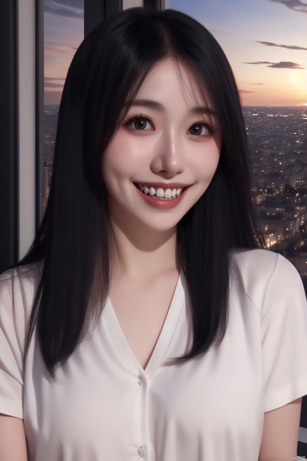 1girl solo solo long hair smile black hair sky teeth grin black eyes lips window sunset realistic,, shirt_lift,