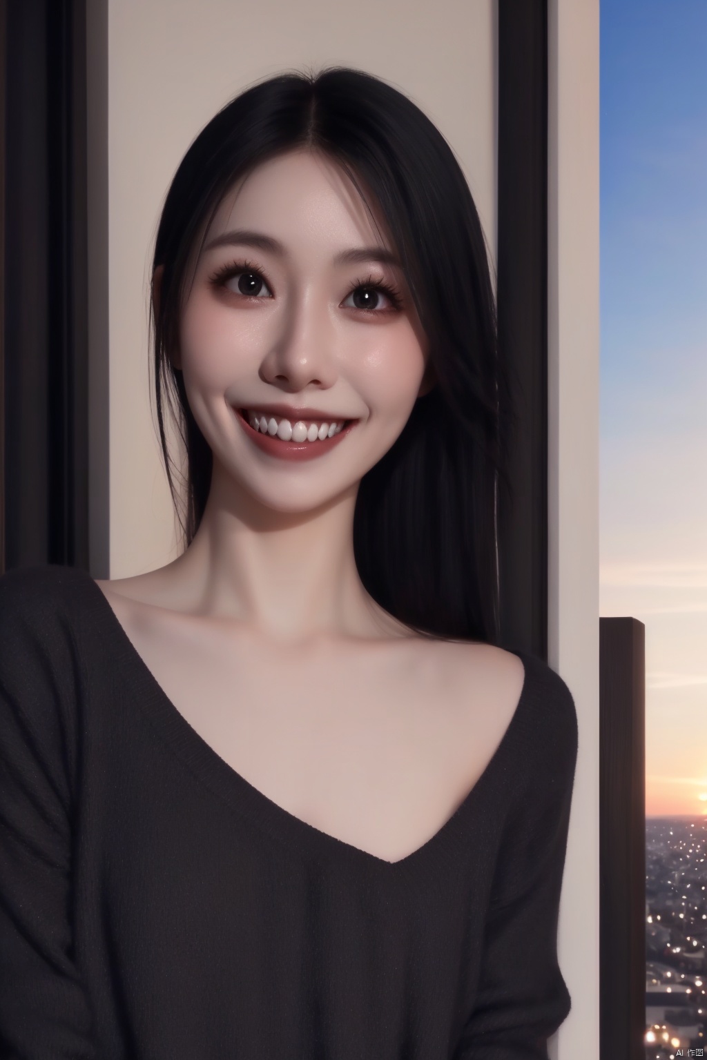 1girl solo solo long hair smile black hair sky teeth grin black eyes lips window sunset realistic,