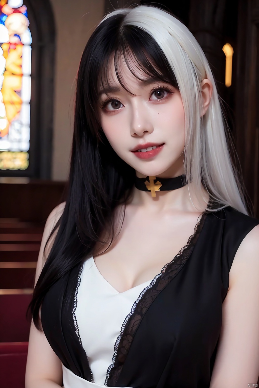 cinematic lighting, ((best quality)),((single_human_girl)),((((upper_body)))),((extremely_detailed_eyes_and_face)),((church)),((annoyed)),((ink)),((illustration)),depth of field,((frown)),((expression)),((red_eyes)),((((white_hair)))),((extremely detailed)),((watercolor)),((anime face)),(skull_on_dress),(((yokozuwari))),((detailed_skeleton_church)),(((beautiful_detailed_black_gothic_Empire_Waist_Dress))),(((dramatic_angle))),medium_breast,(8k_wallpaper),((bright_eyes)), (looking_at_viewers),((close_to_viewers)),((masterpiece)),(((((messy_long_hair))))),((((1girl)))),lens_flare,light_leaks1girl solo solo long hair smile black hair sky teeth grin black eyes lips window sunset realistic