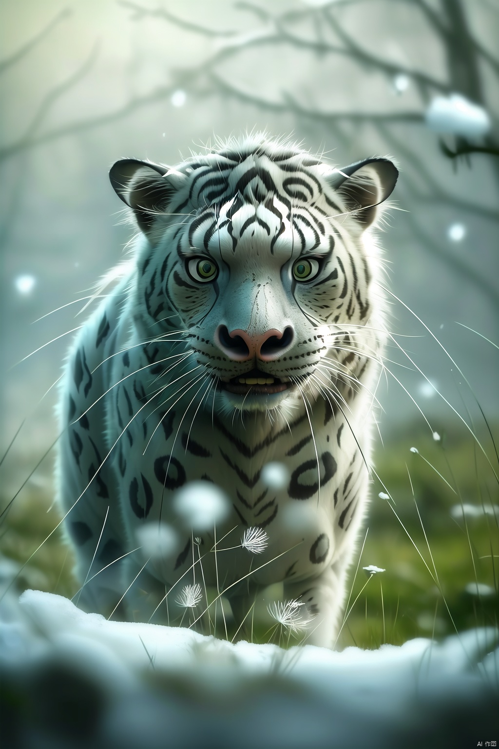  Snow leopard, white, blur, blur background, blur foreground, color difference, dandelion, depth of field, dirt, field, grass, jungle, leaves, moon, motion blur, nature, no people, grass, outdoors, plants, fireflies