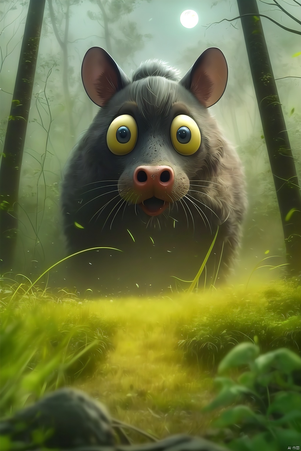 Giant mouse, color difference, dandelion, depth of field, dirt, field, grass, jungle, leaves, moon, motion blur, nature, no one, grass, outdoors, plants, fireflies, moonlight,
