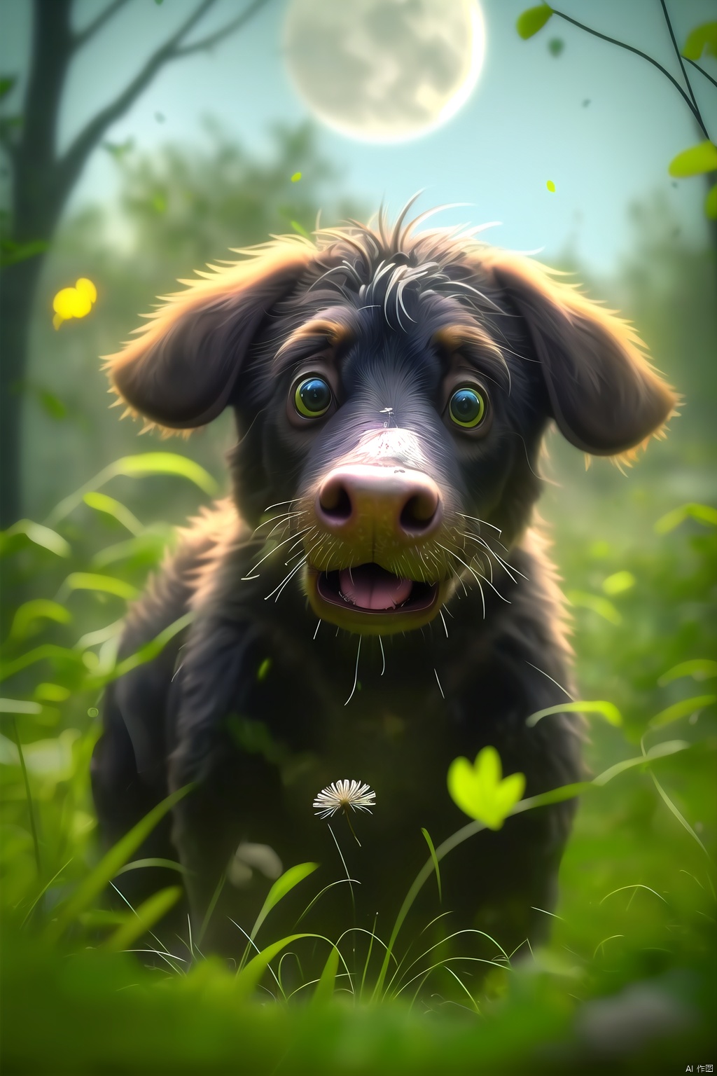 Dog, color difference, dandelion, depth of field, dirt, field, grass, jungle, leaves, moon, motion blur, nature, no one, grass, outdoors, plants, fireflies, moonlight,