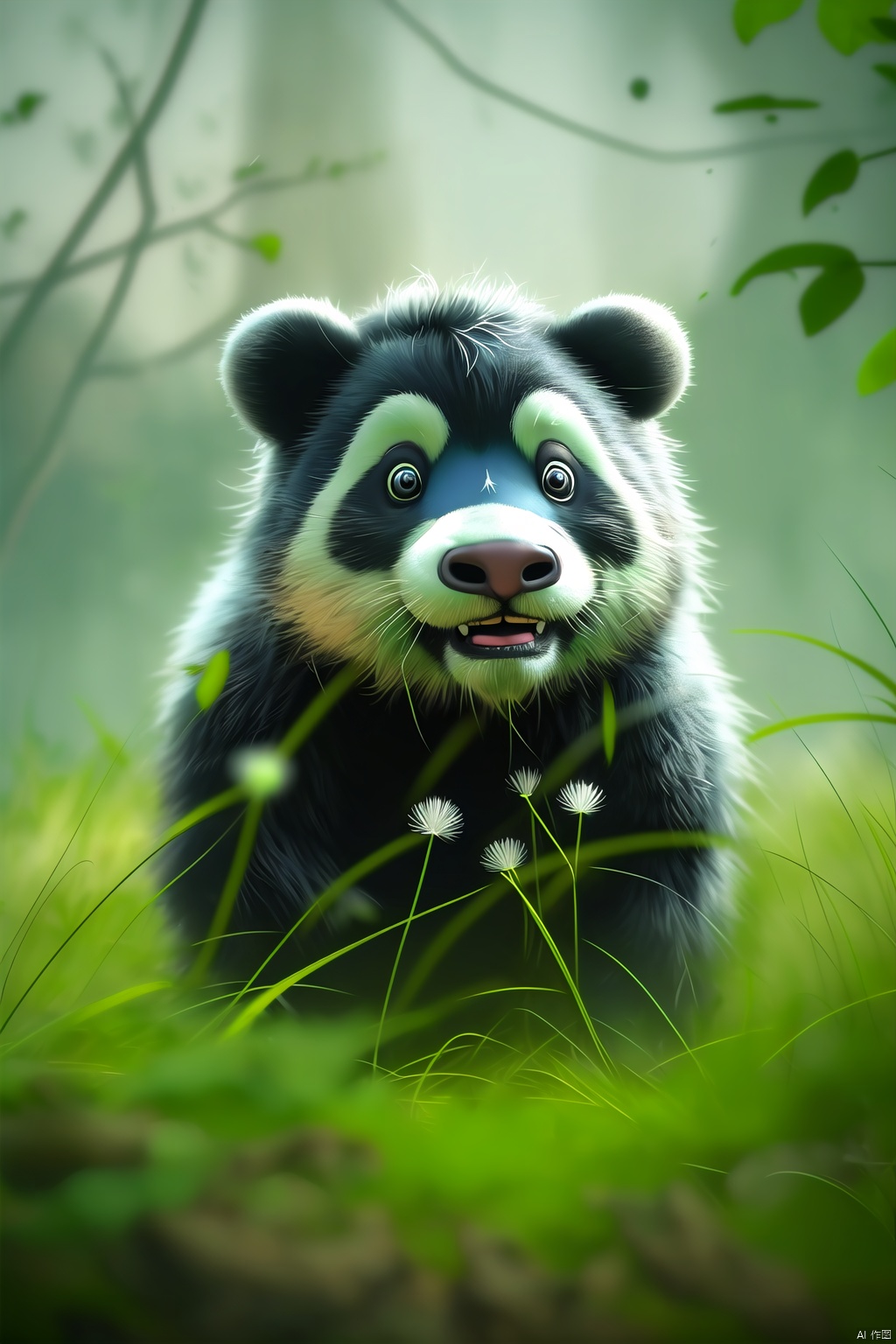 Panda, Depth of field, color difference, dandelion, depth of field, dirt, field, grass, jungle, leaves, moon, motion blur, nature, no people, grass, outdoors, plants, wheat, 16k, masterpiece