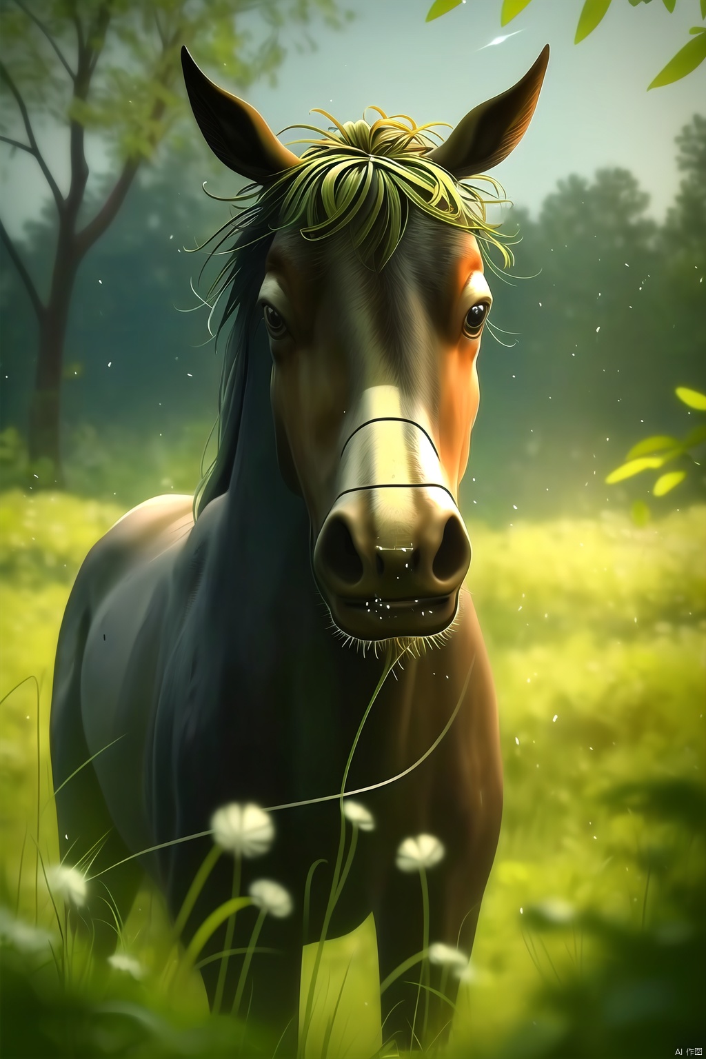 Horse, color difference, dandelion, depth of field, dirt, field, grass, jungle, leaves, moon, motion blur, nature, no one, grass, outdoors, plants, fireflies, moonlight,