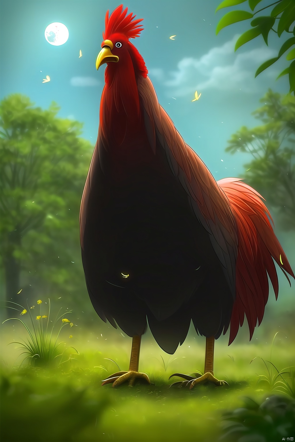 Big rooster, color difference, dandelion, depth of field, dirt, field, grass, jungle, leaves, moon, motion blur, nature, no one, grass, outdoors, plants, fireflies, moonlight,