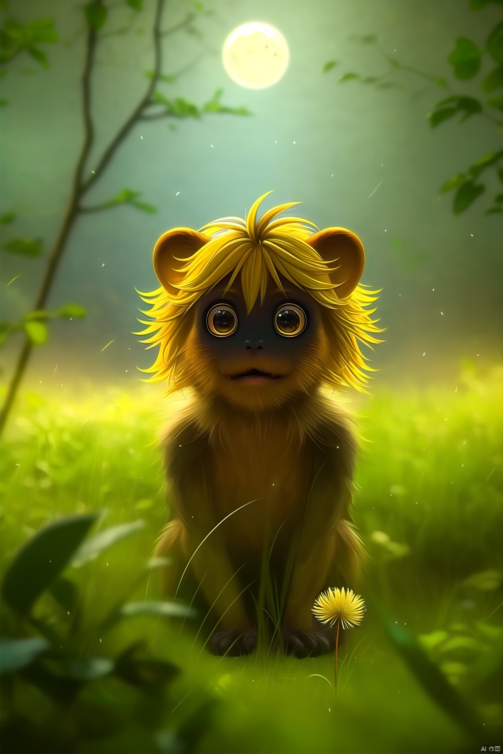 Golden monkey, color difference, dandelion, depth of field, dirt, field, grass, jungle, leaves, moon, motion blur, nature, no one, grass, outdoors, plants, fireflies, moonlight,