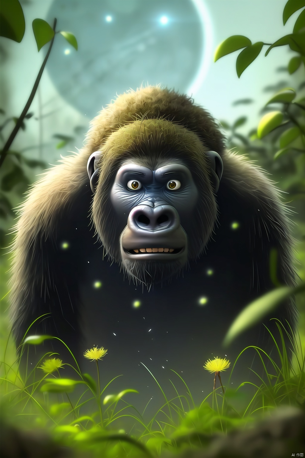 Gorilla, color difference, dandelion, depth of field, dirt, field, grass, jungle, leaves, moon, motion blur, nature, no one, grass, outdoors, plants, fireflies, moonlight,
