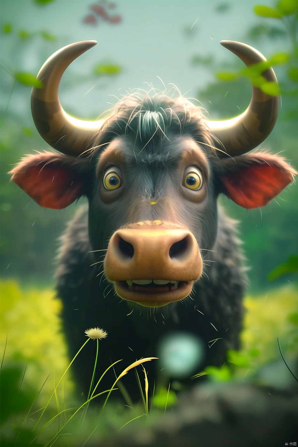animal,Bull horn,blurry,blurry background,blurry foreground,chromatic aberration,coral,dandelion,depth of field,dirt,field,grass,jungle,leaf,moon,motion blur,nature,no humans,on grass,outdoors,plant