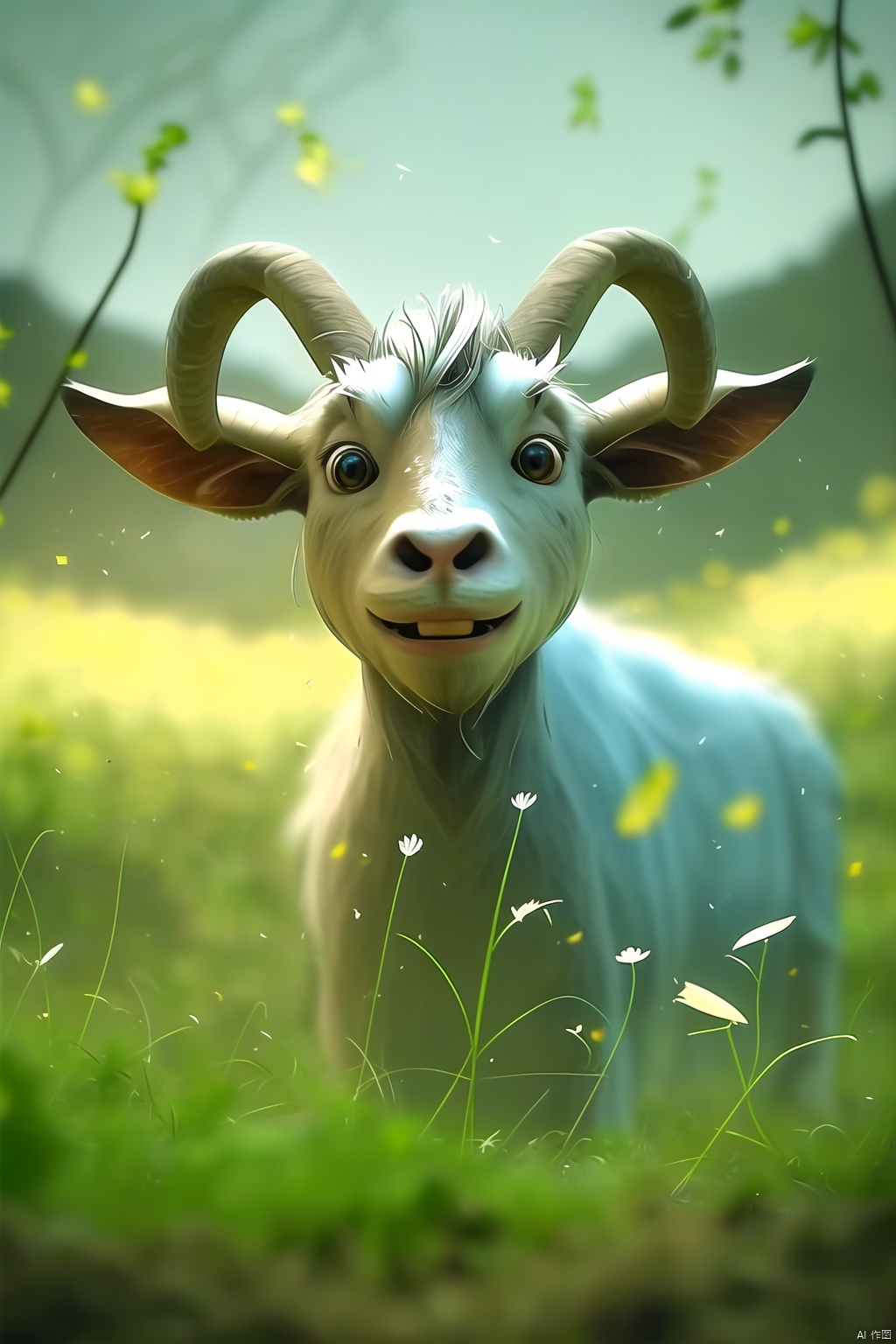 Goat, white, blurry, blurry background, blurry foreground, color difference, dandelion, depth of field, dirt, field, grass, jungle, leaves, moon, motion blurry, nature, no people, grass, outdoors, plants, fireflies