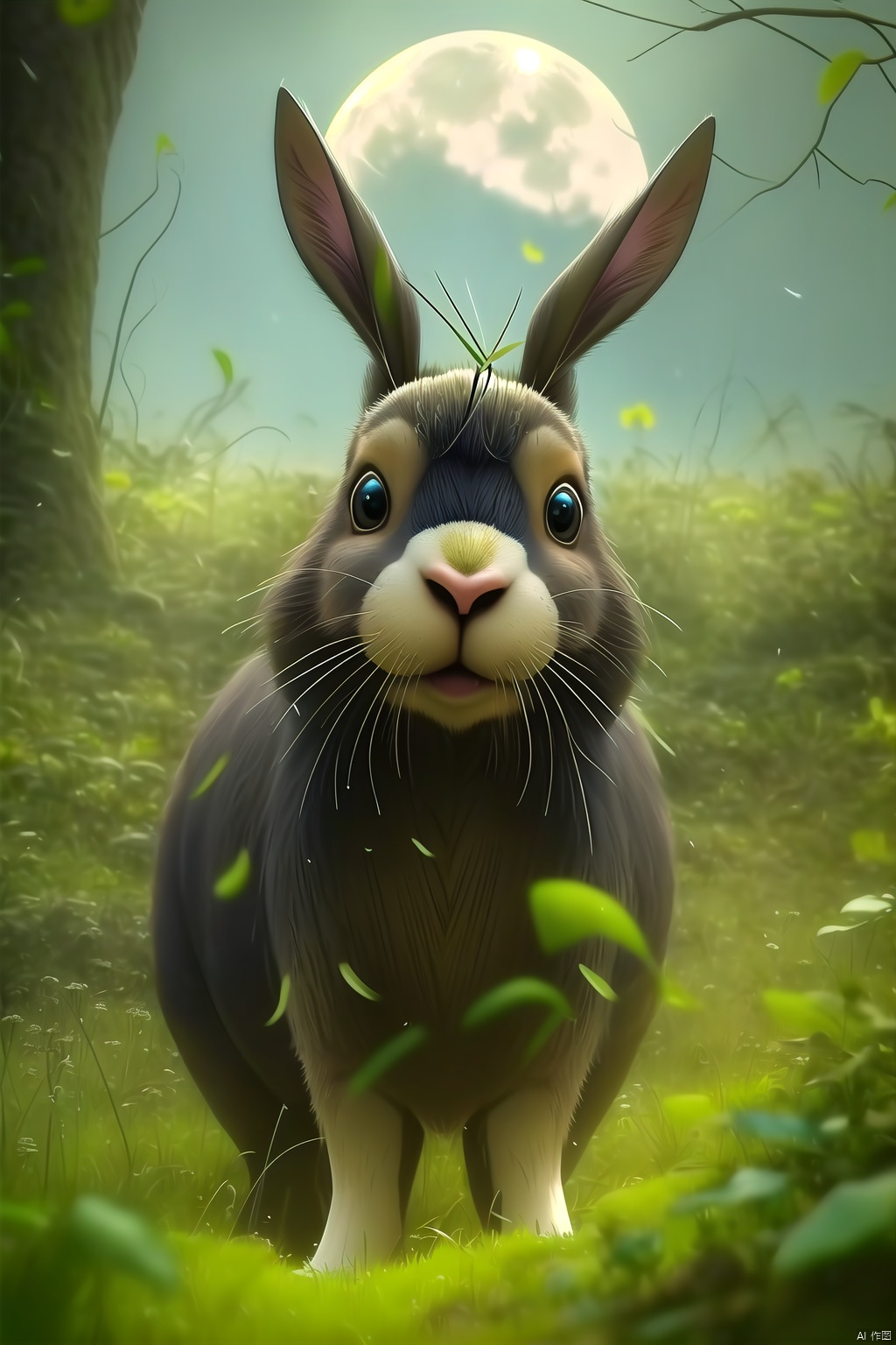 Giant rabbit, color difference, dandelion, depth of field, dirt, field, grass, jungle, leaves, moon, motion blur, nature, no one, grass, outdoors, plants, fireflies, moonlight,