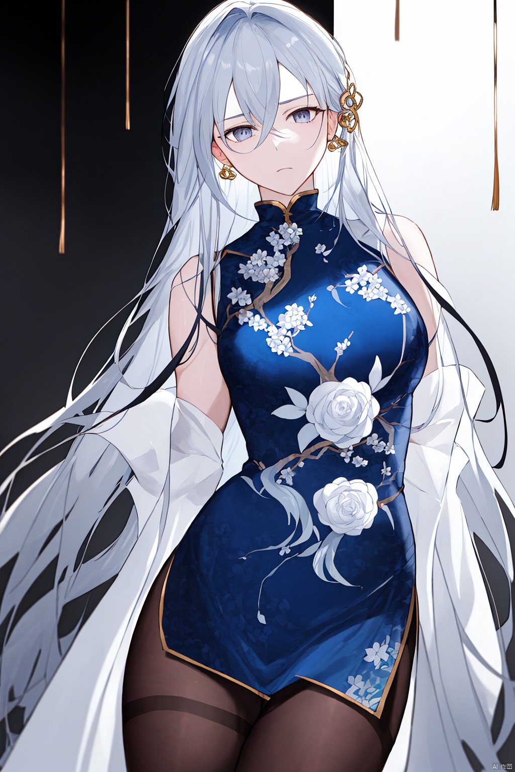  (masterpiece, extremely detailed 8k wallpaper,best quality), (best illumination, best shadow, extremely delicate and beautiful), finely detail, Depth of field (bloom), 1girl, solo, chinese clothes, long_sleeves, detached_sleeves, dress, long skirt, coat, white_pantyhose, hair_accessories, silver eyes, cowboy_shot, background_sky, cloud_scape, very_long_hair, emotionless, flowers,