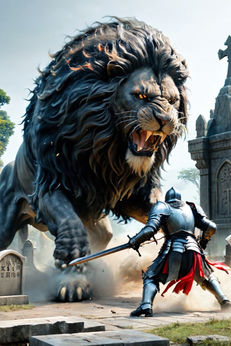 an action shot of a knight fighting a giant black fantasy lion, graveyard in background, Bosstyle, hkstyle, HD, masterpiece, best quality, hyper detailed, ultra detailed, super realistic,BOSSTYLE