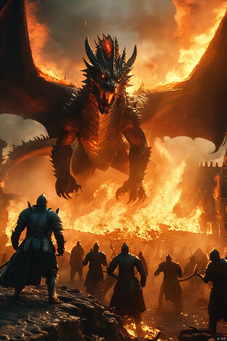 amazing quality, masterpiece, best quality, hyper detailed, ultra detailed, UHD, HDR, depth of field, perfect anatomy, view from far away,
a dragon attacking an army by using fire from the air, epic scene, movie-level special effects, middle Ages, darkness, doomsday scene,
, Bosstyle,
,
,
 angry,
,
 extremely detailed, BOSSTYLE