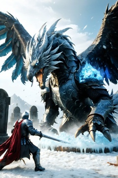  an action shot of a knight fighting a giant fantasy ice phoenix, graveyard in background, Bosstyle, hkstyle, HD, masterpiece, best quality, hyper detailed, ultra detailed, super realistic, BOSSTYLE