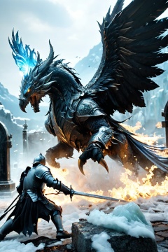  an action shot of a knight fighting a giant fantasy ice phoenix, graveyard in background, Bosstyle, hkstyle, HD, masterpiece, best quality, hyper detailed, ultra detailed, super realistic, BOSSTYLE