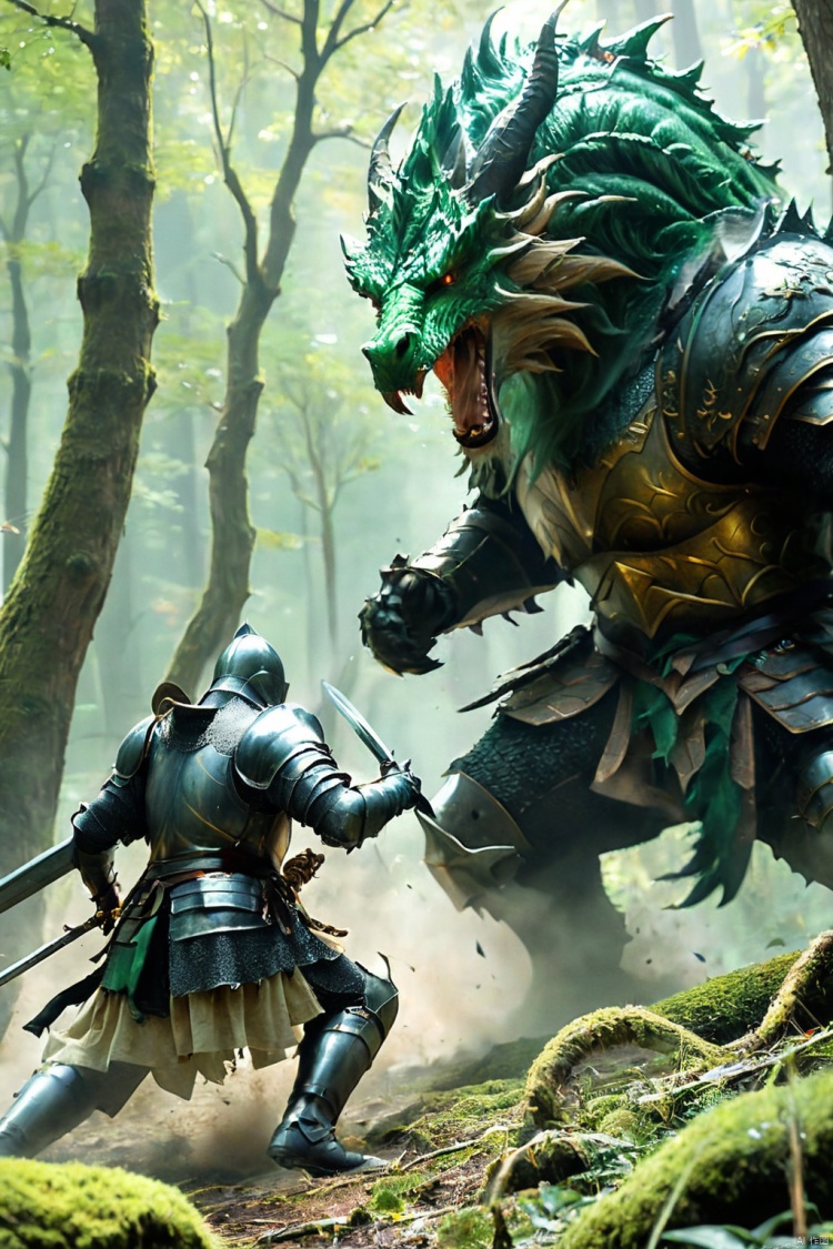 an action shot of a knight fighting a fantasy mythical beast, forest in background, Bosstyle, hkstyle, HD, masterpiece, best quality, hyper detailed, ultra detailed, super realistic, BOSSTYLE