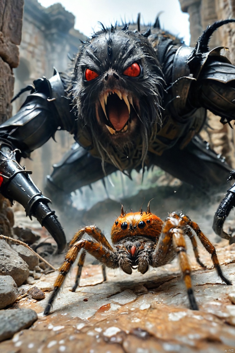 amazing quality, masterpiece, best quality, hyper detailed, ultra detailed, UHD, HDR, wide-angle lens, view from a 45-degree angle, from below,
this is a world of giants except for humans,
hairy spider monster,
hairy spider in macro photography,
a human knight encounters a hairy spider underground at ancient ruins, epic battle, epic scene,
the knight holds a sword to resist the attack of the hairy spider,
dead silence, flame in the background, dry wood,
, Bosstyle,
,
 angry,
,
 extremely detailed,BOSSTYLE