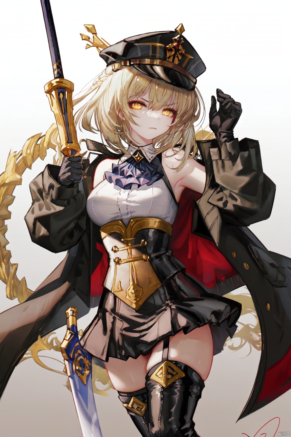 1girl, holding clothes, thighhighs, holding hat, solo, gloves, hat removed, headwear removed, hat, yellow eyes, boots, bangs, artoria pendragon \(fate\), holding, looking at viewer, ascot, coat, excalibur morgan \(fate\), black gloves, saber alter, vest, black vest, wind, open clothes, skirt, black footwear, black thighhighs, open coat, shirt, black headwear, sword, weapon, signature, jacket, black coat, sidelocks, wind lift, knee boots, peaked cap, blonde hair, long sleeves, jacket on shoulders, holding weapon, zettai ryouiki, black skirt, breasts, holding sword, glowing weapon, braid, aura, closed mouth, french braid, hair between eyes, aiguillette, skirt set, short hair, open jacket, medium breasts, black jacket, artist name, v-shaped eyebrows, thighs