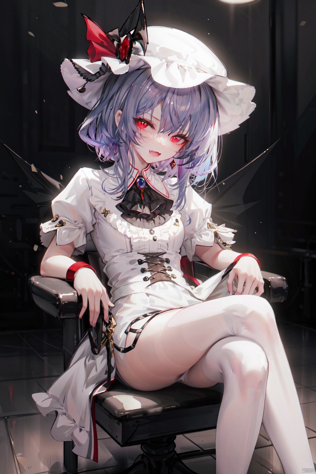 1girl, solo, remilia scarlet, hat, wings, sitting, mob cap, bat wings, dress, red eyes, wrist cuffs, red ascot, smile, short sleeves, ascot, crossed legs, puffy sleeves, short hair, fang, open mouth, looking at viewer, puffy short sleeves, collared dress, bangs, blush, hair between eyes, white headwear, jewelry, white dress, chair, pantyhose, frills, hat ribbon, white pantyhose, ribbon, red ribbon, eyes visible through hair, hand up, fingernails