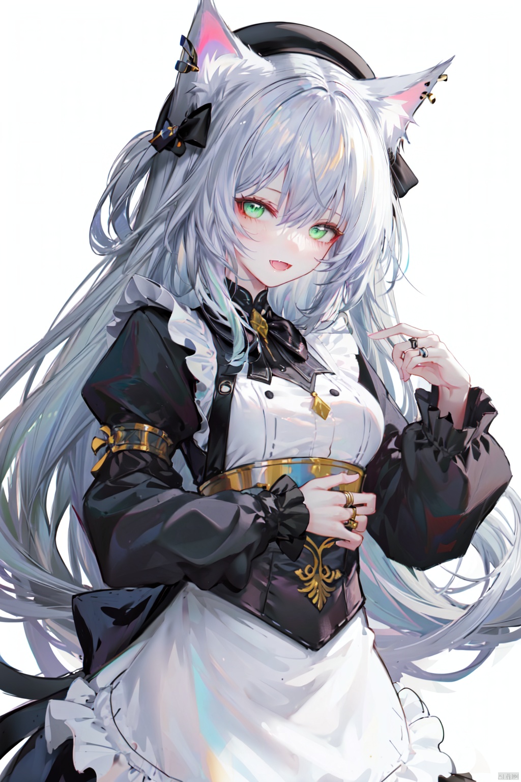 1girl, solo, animal ears, smile, simple background, white background, green eyes, animal ear fluff, white apron, :d, bow, long sleeves, hat, dress, apron, long hair, black headwear, black dress, hand up, blush, hair ornament, very long hair, fang, looking at viewer, bangs, hair bow, frills, frilled apron, black bow, puffy sleeves, waist apron, beret, hair intakes, detached sleeves, cat hair ornament, hair between eyes, jewelry, breasts, ring, open mouth