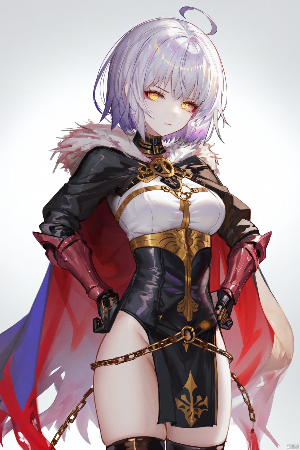 1girl, jeanne d'arc alter \(fate\), solo, yellow eyes, breasts, gauntlets, jeanne d'arc alter \(avenger\) \(fate\), armor, headpiece, ahoge, fur trim, armored dress, looking at viewer, short hair, chain, cape, large breasts, bangs, black cape, grey hair, fur-trimmed cape, hand on hip, pale skin, fur collar, black dress, dress, gradient, gradient background, white hair