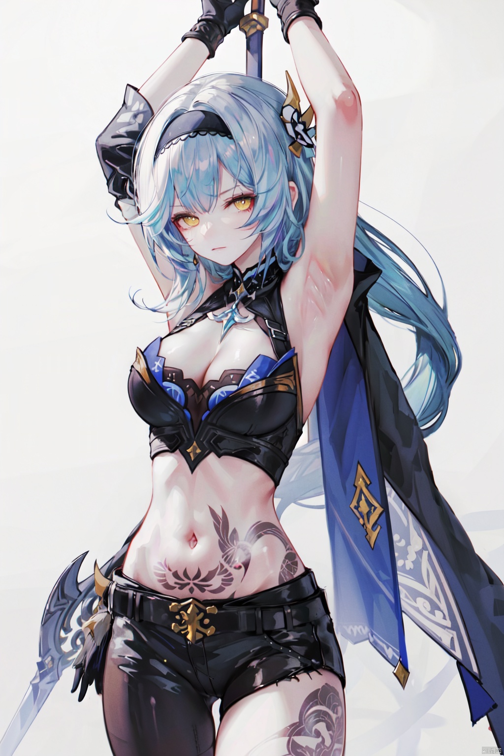 1girl, eula \(genshin impact\), breasts, weapon, tattoo, solo, blue hair, large breasts, gloves, arms up, sword, yellow eyes, hairband, armpits, looking at viewer, holding weapon, navel, holding, greatsword, hair ornament, bangs, black gloves, holding sword, cleavage, belt, medium hair, midriff