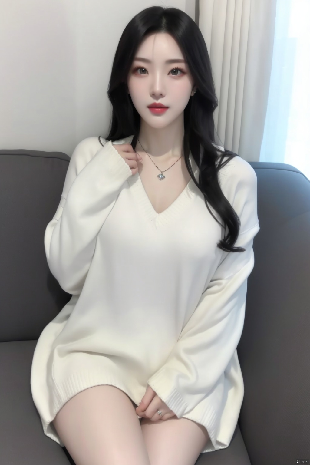 solo long hair looking at viewer black hair jewelry sitting necklace sweater lips curtains couch realistic,1girl