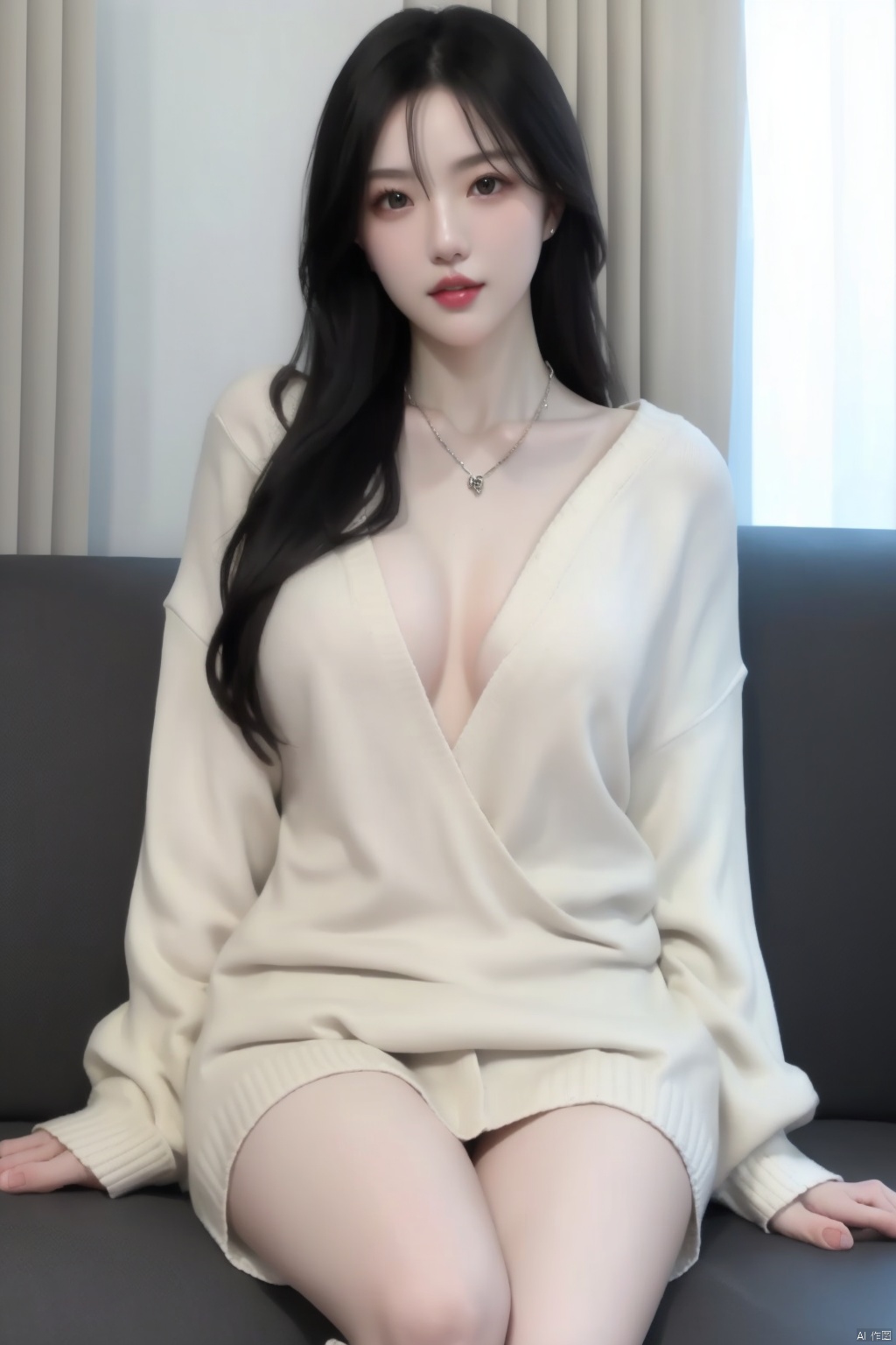 solo long hair looking at viewer black hair jewelry sitting necklace sweater lips curtains couch realistic,1girl,naked,nude