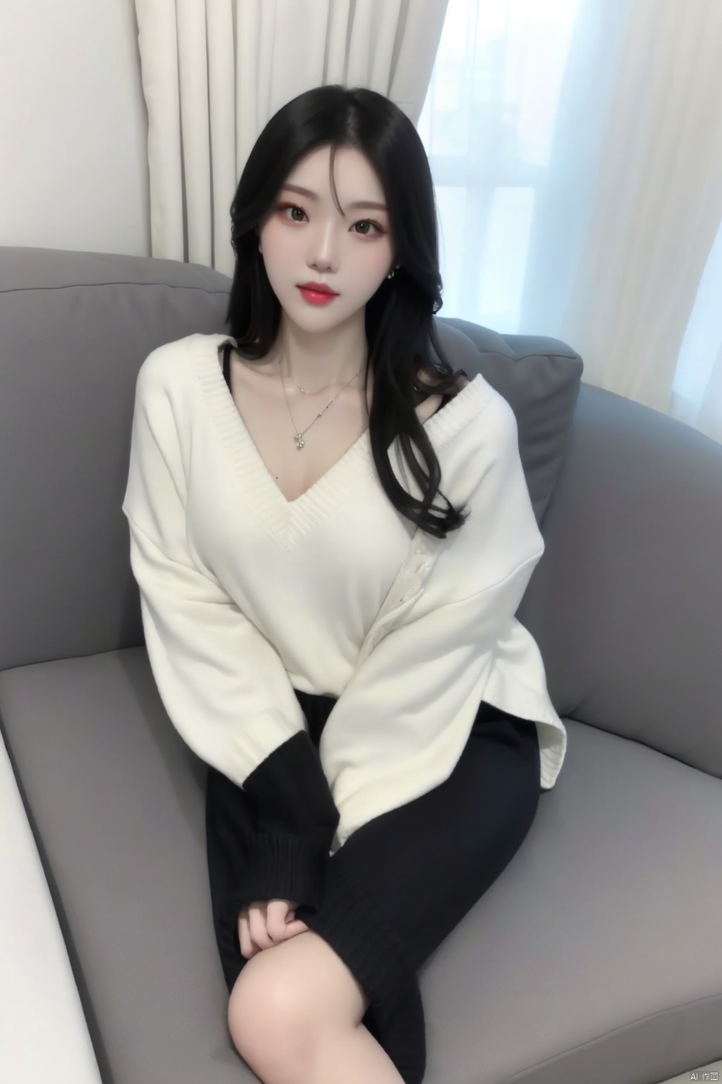 solo long hair looking at viewer black hair jewelry sitting necklace sweater lips curtains couch realistic,1girl
