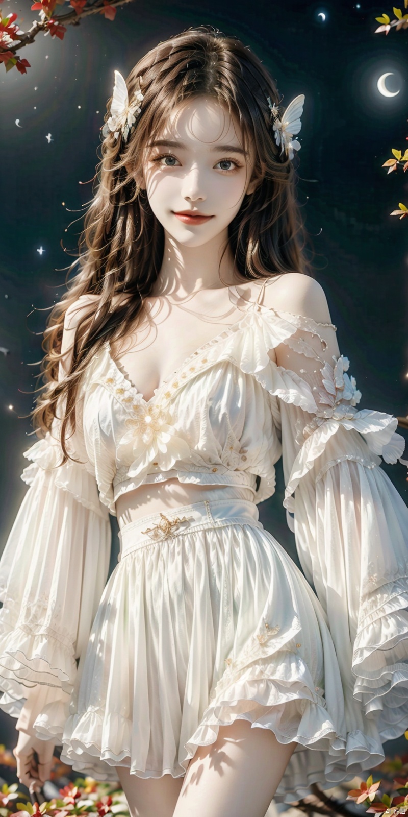  (Good structure),cowboy_shot,1girl, bare_shoulders, bug, butterfly, cleavage, cloud, crescent_moon, full_moon, hair_ornament, lips, long_hair, looking_at_viewer, medium_breasts, moon, moonlight, night, night_sky, red_lips, kneeling, sky, solo, star_\(sky\), starry_sky, sun,,,looking_at_viewer,kind smile, 1girl, , AImote