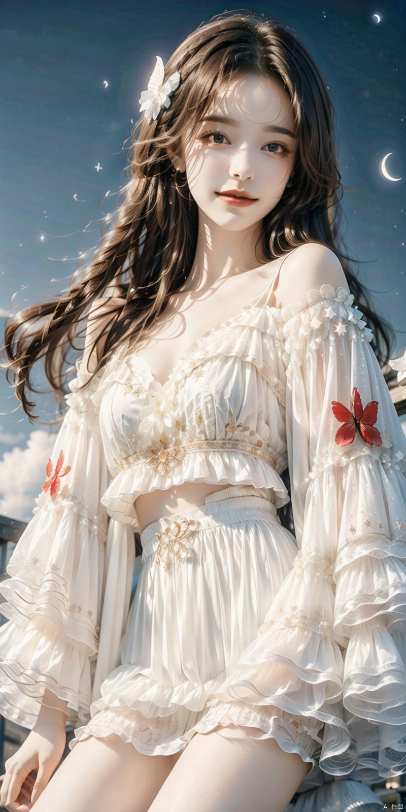  (Good structure),cowboy_shot,1girl, bare_shoulders, bug, butterfly, cleavage, cloud, crescent_moon, full_moon, hair_ornament, lips, long_hair, looking_at_viewer, medium_breasts, moon, moonlight, night, night_sky, red_lips, kneeling, sky, solo, star_\(sky\), starry_sky, sun,,,looking_at_viewer,kind smile, 1girl, , AImote