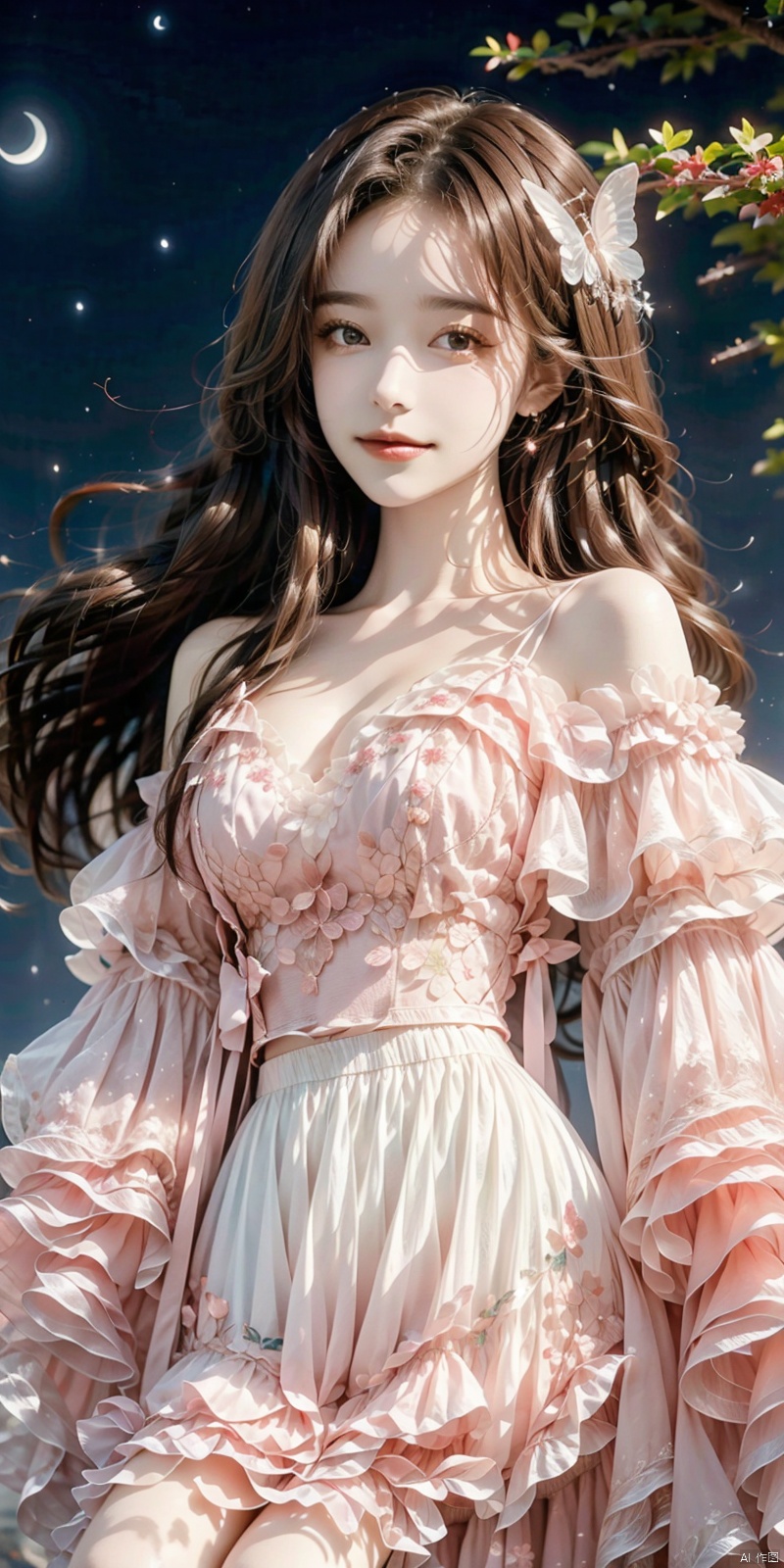  (Good structure),cowboy_shot,1girl, bare_shoulders, bug, butterfly, cleavage, cloud, crescent_moon, full_moon, hair_ornament, lips, long_hair, looking_at_viewer, medium_breasts, moon, moonlight, night, night_sky, red_lips, kneeling, sky, solo, star_\(sky\), starry_sky, sun,,,looking_at_viewer,kind smile, 1girl, , AImote