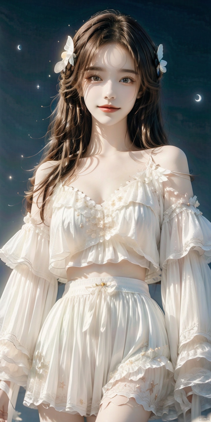  (Good structure),cowboy_shot,1girl, bare_shoulders, bug, butterfly, cleavage, cloud, crescent_moon, full_moon, hair_ornament, lips, long_hair, looking_at_viewer, medium_breasts, moon, moonlight, night, night_sky, red_lips, kneeling, sky, solo, star_\(sky\), starry_sky, sun,,,looking_at_viewer,kind smile, 1girl, , AImote