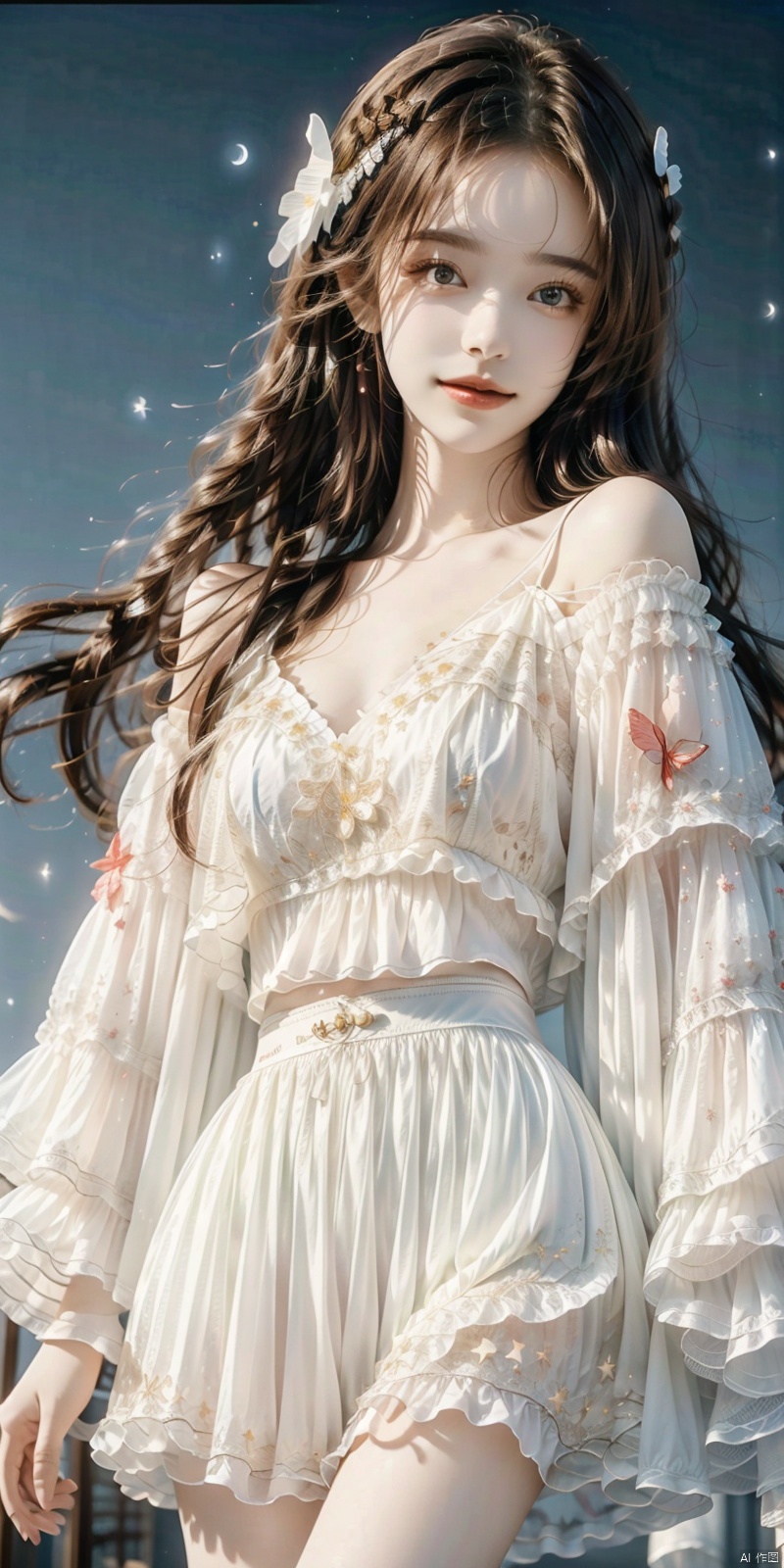  (Good structure),cowboy_shot,1girl, bare_shoulders, bug, butterfly, cleavage, cloud, crescent_moon, full_moon, hair_ornament, lips, long_hair, looking_at_viewer, medium_breasts, moon, moonlight, night, night_sky, red_lips, kneeling, sky, solo, star_\(sky\), starry_sky, sun,,,looking_at_viewer,kind smile, 1girl, , AImote