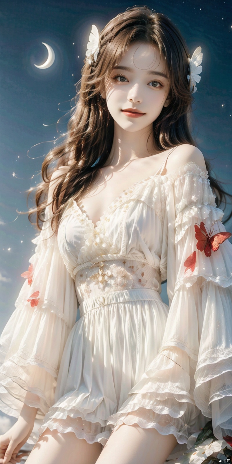  (Good structure),cowboy_shot,1girl, bare_shoulders, bug, butterfly, cleavage, cloud, crescent_moon, full_moon, hair_ornament, lips, long_hair, looking_at_viewer, medium_breasts, moon, moonlight, night, night_sky, red_lips, kneeling, sky, solo, star_\(sky\), starry_sky, sun,,,looking_at_viewer,kind smile, 1girl, , AImote