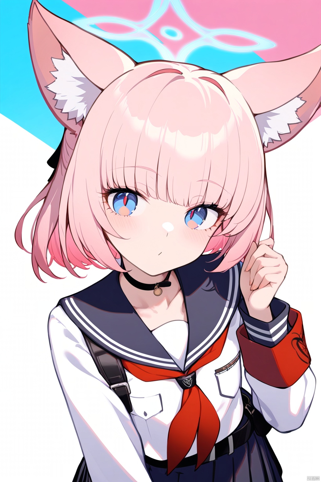  1girl,(masterpiece:1.3),( beautiful:1.2),(high quality:1.2),(finely detailed:1.2),extremely detailed CG unity 8k wallpaper,best quality,a very delicate and beautiful,perfect fingers,(one cute girl at the center:1.2),nicoBA,animal ears,armband,bangs,belt,belt buckle,black choker,black skirt,blue eyes,buckle,choker,collarbone,fox ears,long sleeves,pink hair,pleated skirt,sailor collar,school uniform,serafuku,shirt,short hair,
(halo),upper body,head focus,leaning_forward, nicoBA, dohna,
multicolored eyes, multicolored background, colorful, high saturation,multicolored hair,